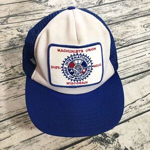 Pro Fit Machinist Union Mens Trucker Hat‎ OSFA White Blue Vtg 70s Flawed Cap